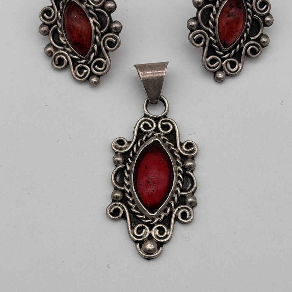 Sterling Silver Mexico Jewelry Set Earrings Pendant Filigree Cabochon Vintage - Picture 4 of 13